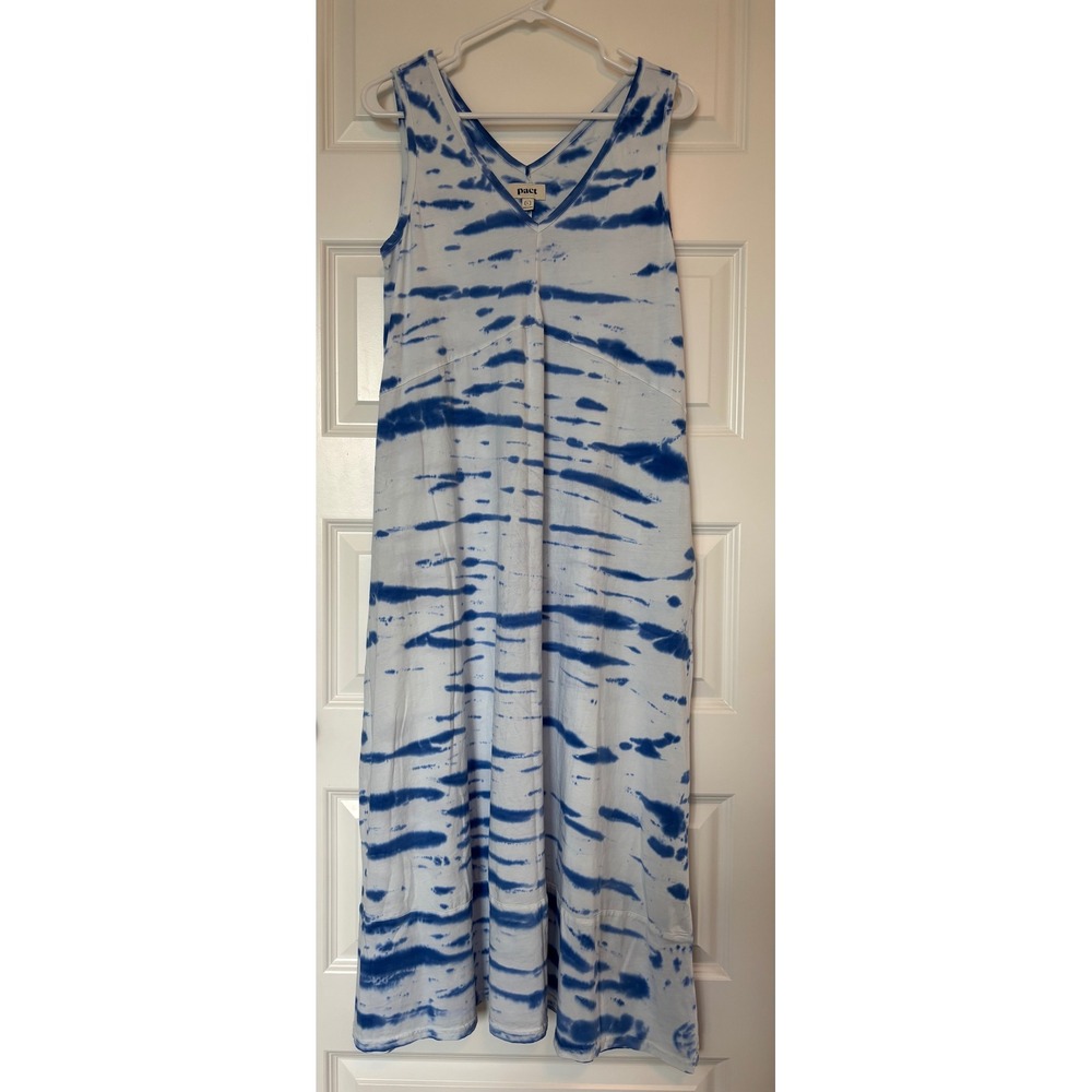 Pact Fit and Flare Maxi Dress Women Large Blue White Tie Dye Sleeveless V-Neck